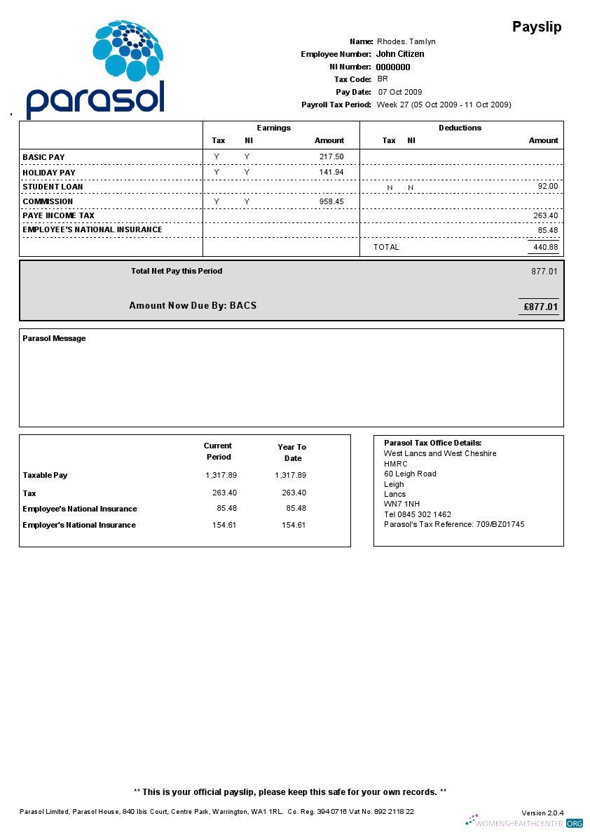 Download PARASOL Limited paystub in Word and PDF formats Photoshop template